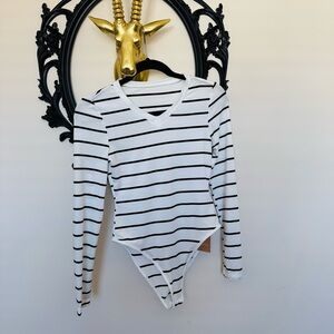 S H E I N Frenchy White Long Sleeved Bodysuit with Black Stripes